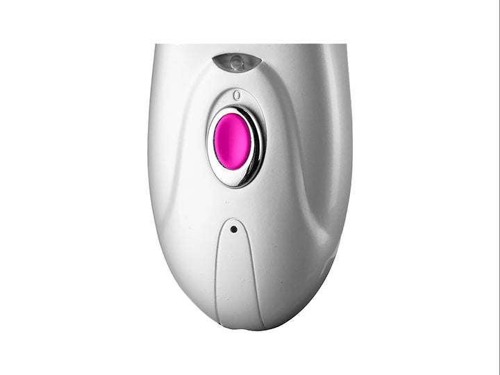 Depiladora recargable TIMCO 3 en 1 de color blanco con detalles en rosa y tres cabezales intercambiables.