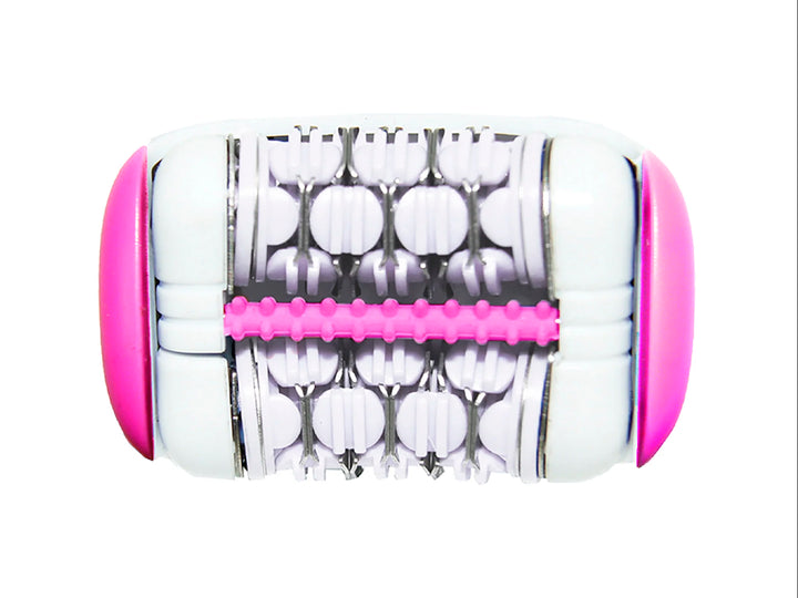Depiladora recargable TIMCO 3 en 1 de color blanco con detalles en rosa y tres cabezales intercambiables.