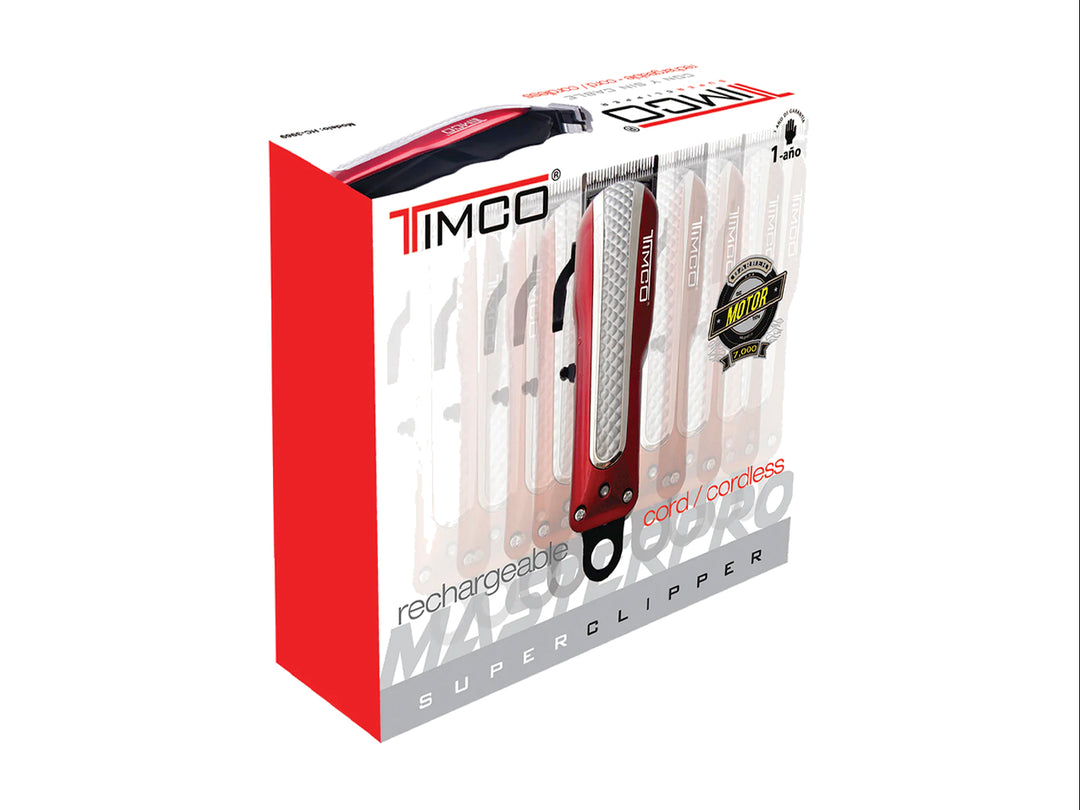 Máquina casqueteadora profesional TIMCO color rojo con cuatro peines guía negros sobre fondo blanco.