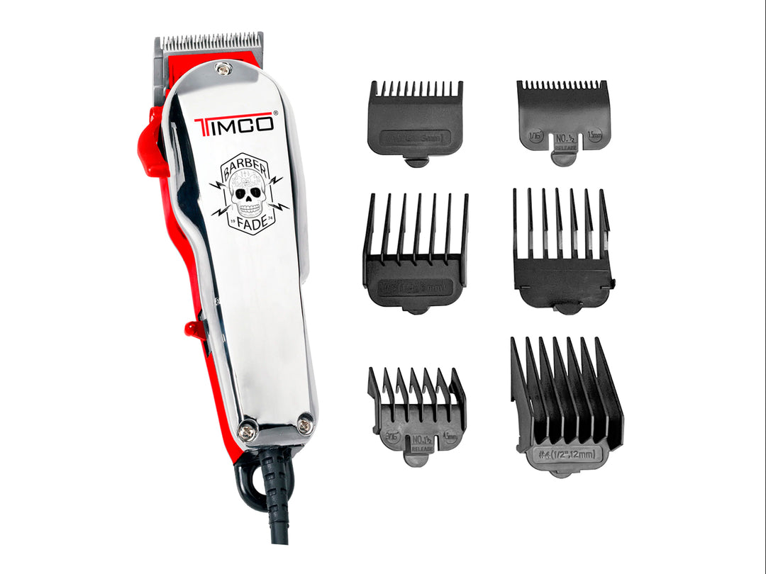 Cortadora de cabello profesional TIMCO color rojo y plata con juego de seis peines guía negros sobre fondo blanco.