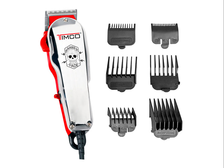 Cortadora de cabello profesional TIMCO color rojo y plata con juego de seis peines guía negros sobre fondo blanco.