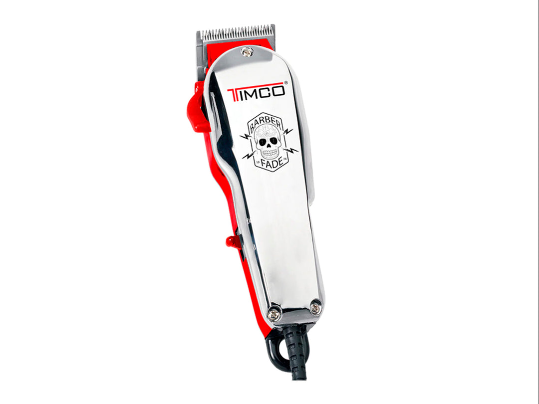 Cortadora de cabello profesional TIMCO color rojo y plata con juego de seis peines guía negros sobre fondo blanco.