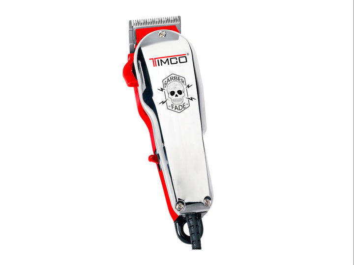 Cortadora de cabello profesional TIMCO color rojo y plata con juego de seis peines guía negros sobre fondo blanco.