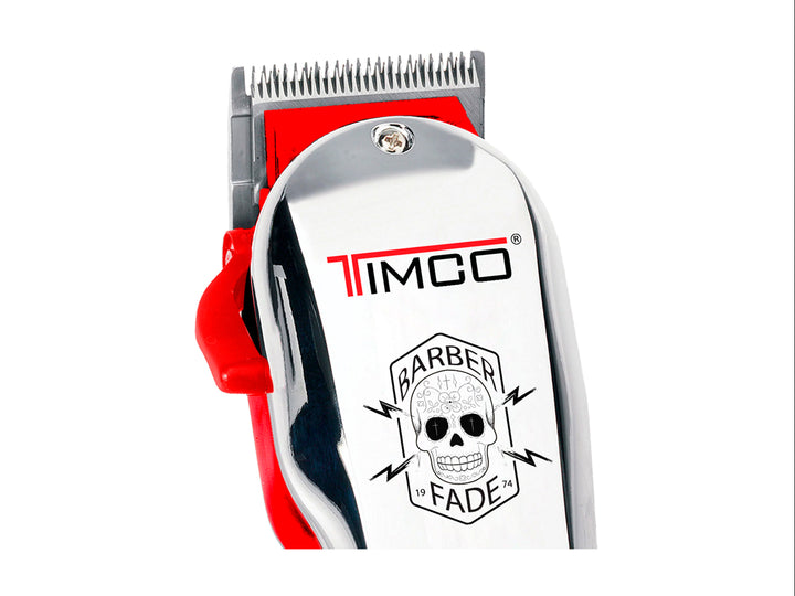 Cortadora de cabello profesional TIMCO color rojo y plata con juego de seis peines guía negros sobre fondo blanco.