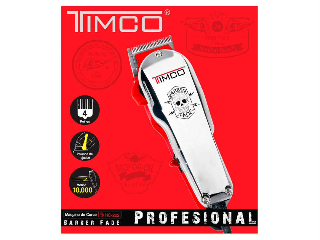 Cortadora de cabello profesional TIMCO color rojo y plata con juego de seis peines guía negros sobre fondo blanco.