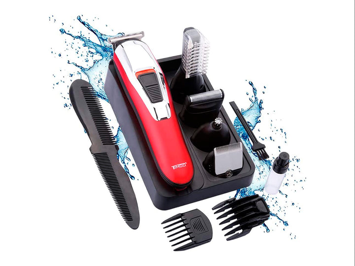 Kit de peluquería multifuncional 5 en 1 TIMCO color rojo y negro con accesorios y estuche sobre fondo blanco.