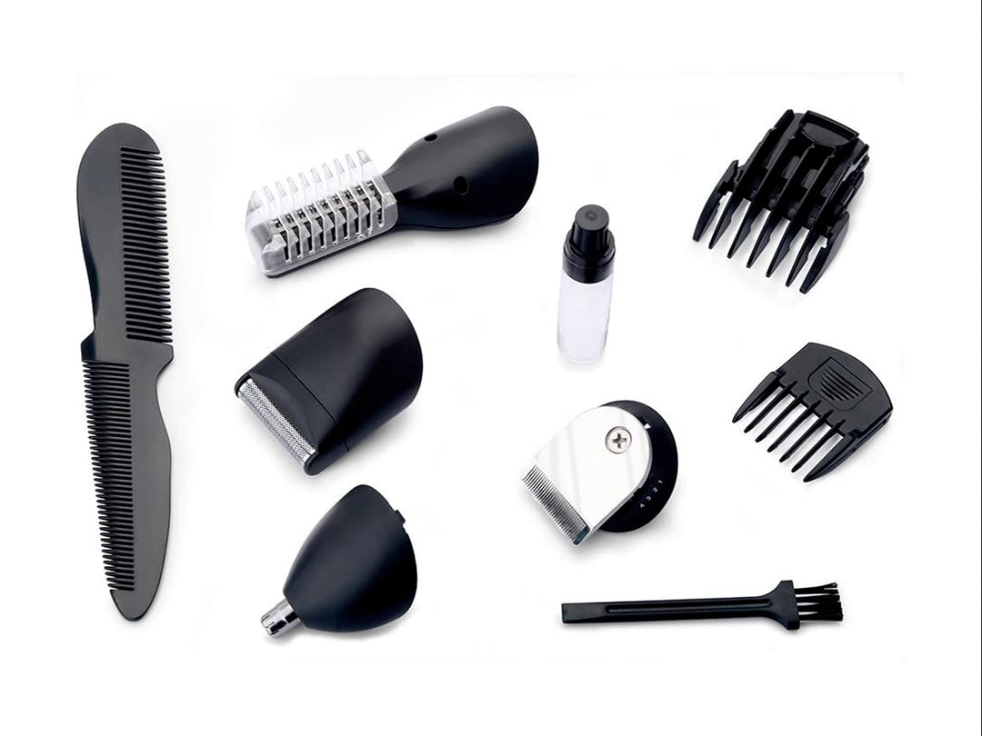 Kit de peluquería multifuncional 5 en 1 TIMCO color rojo y negro con accesorios y estuche sobre fondo blanco.