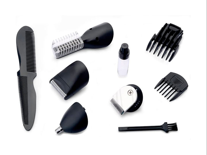 Kit de peluquería multifuncional 5 en 1 TIMCO color rojo y negro con accesorios y estuche sobre fondo blanco.