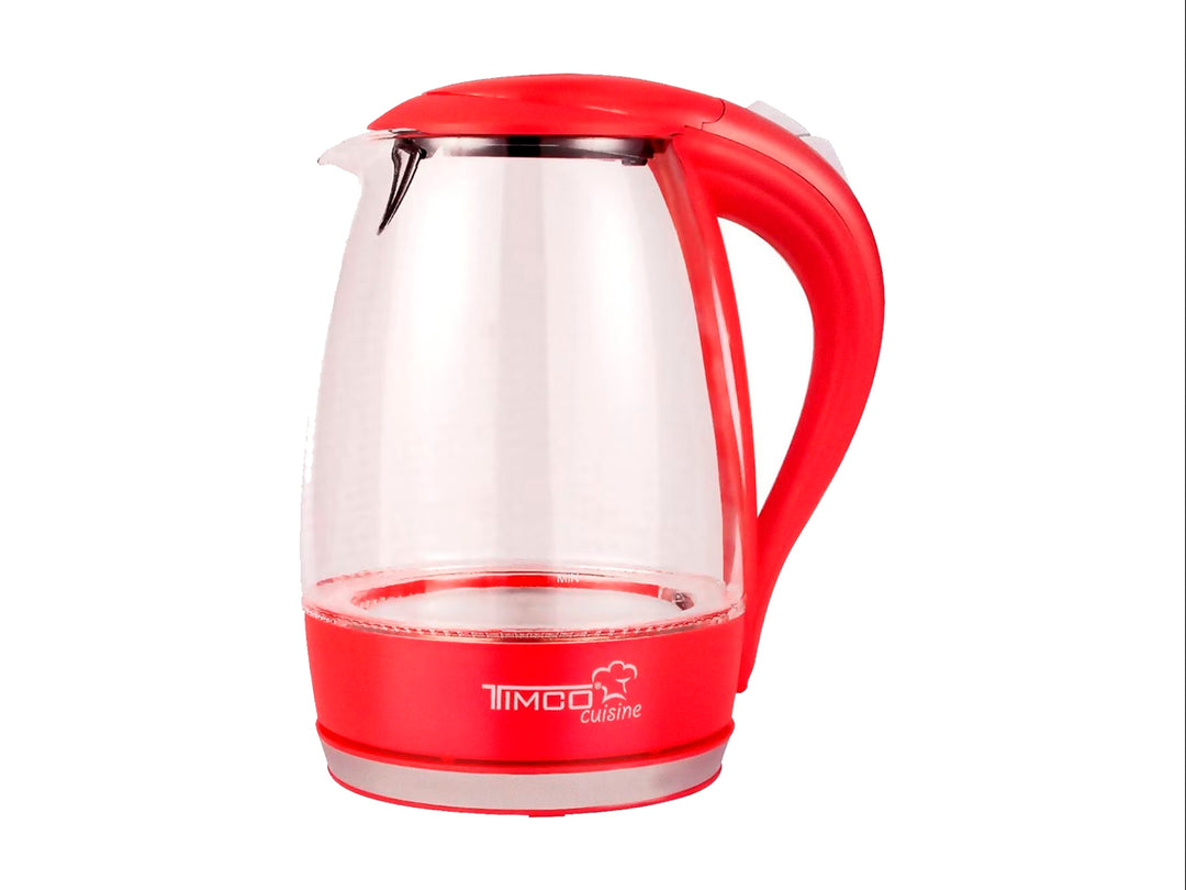 Hervidor eléctrico TIMCO con cuerpo de vidrio transparente y detalles en color rojo.