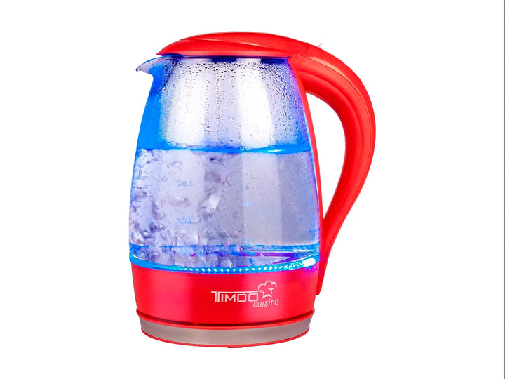 Hervidor eléctrico TIMCO con cuerpo de vidrio transparente y detalles en color rojo.