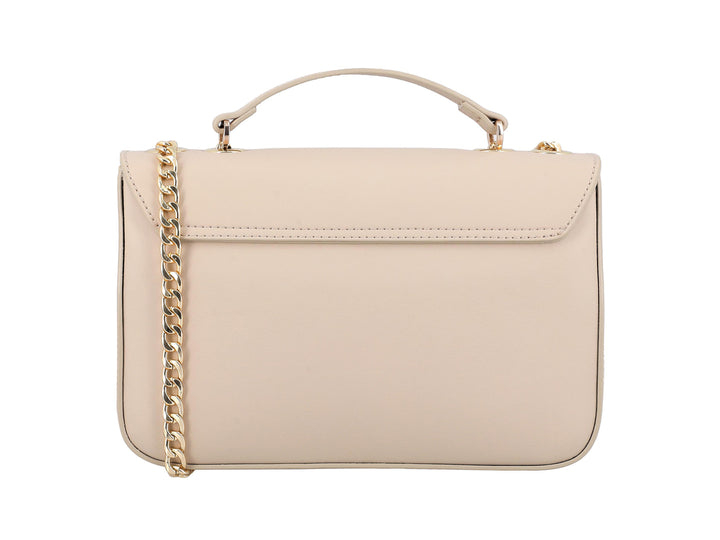 Bolso Nine West color nude con asa superior, correa de cadena dorada y cierre metálico cuadrado.