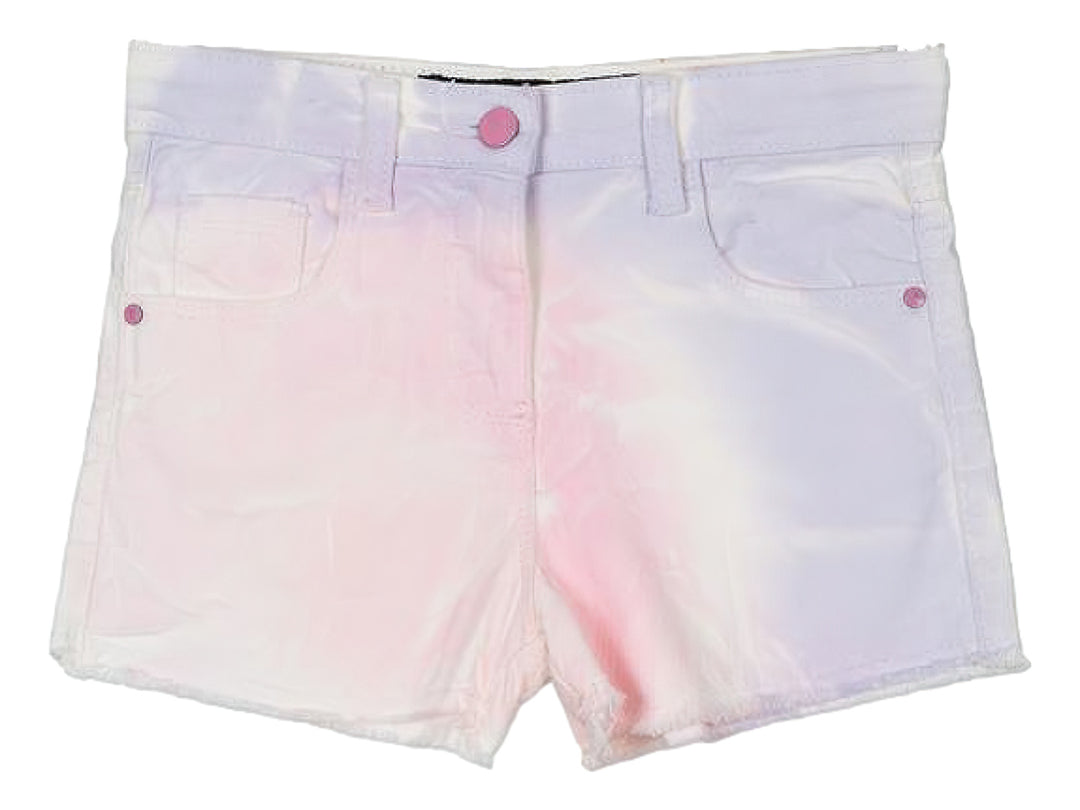 Shorts para niños color blanco con efecto degradado en tonos lila y rosa.