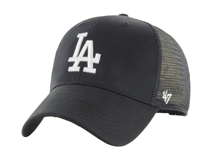 Gorra negra de los Angeles Dodgers con logo blanco frontal y panel posterior de malla.