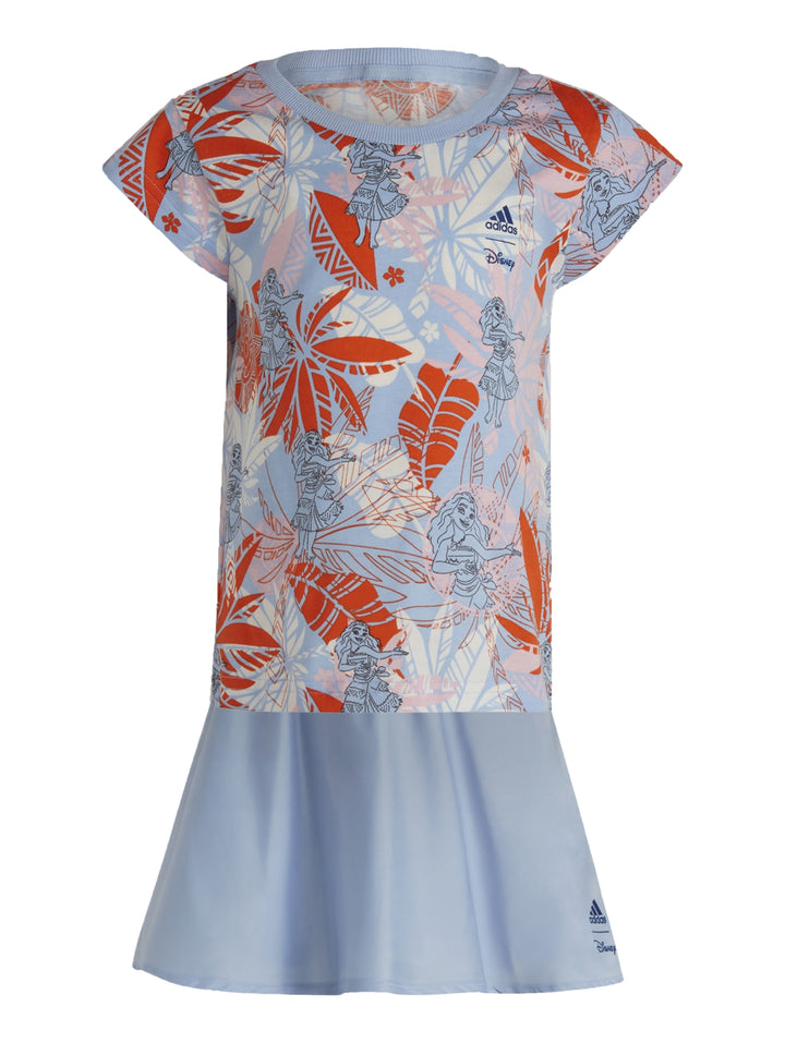 Vestido infantil Adidas azul con estampado de hojas naranjas y personajes de Disney.