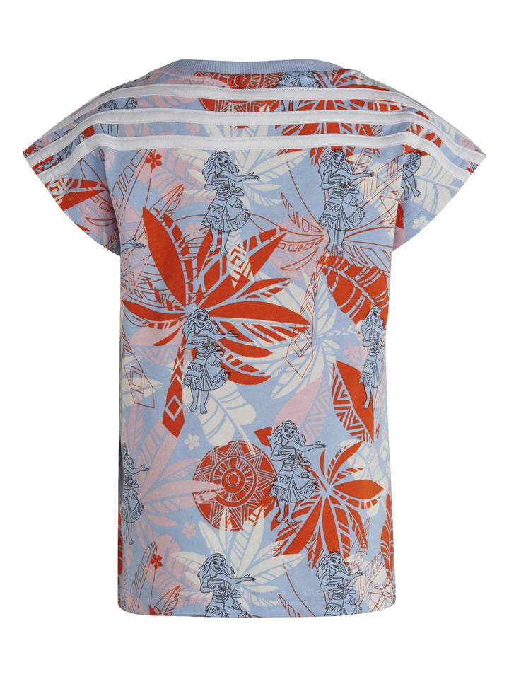 Vestido infantil Adidas azul con estampado de hojas naranjas y personajes de Disney.