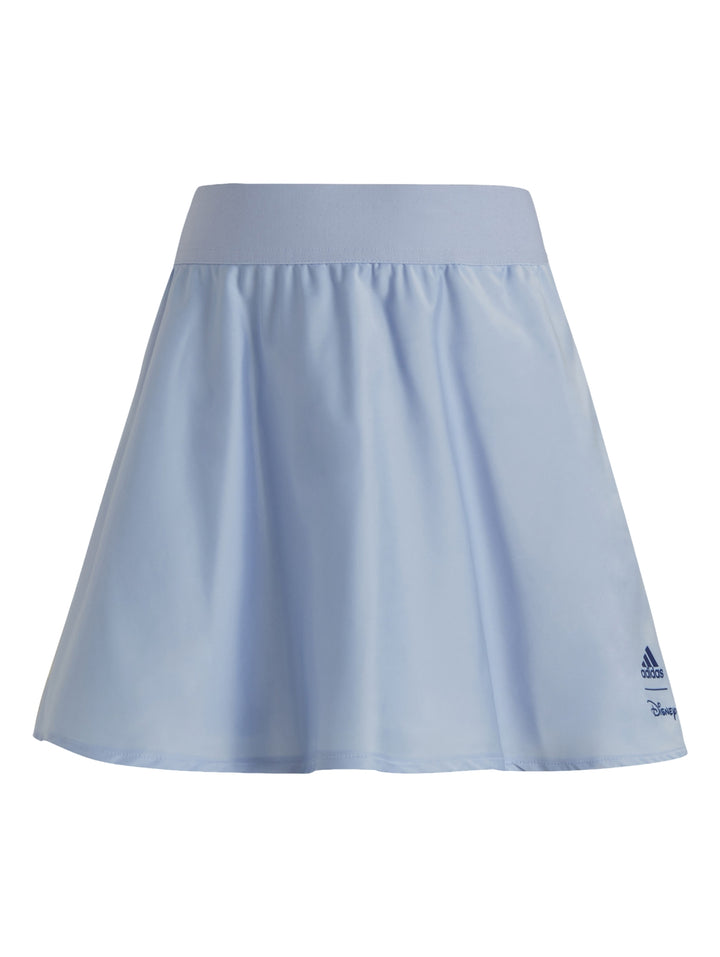 Vestido infantil Adidas azul con estampado de hojas naranjas y personajes de Disney.