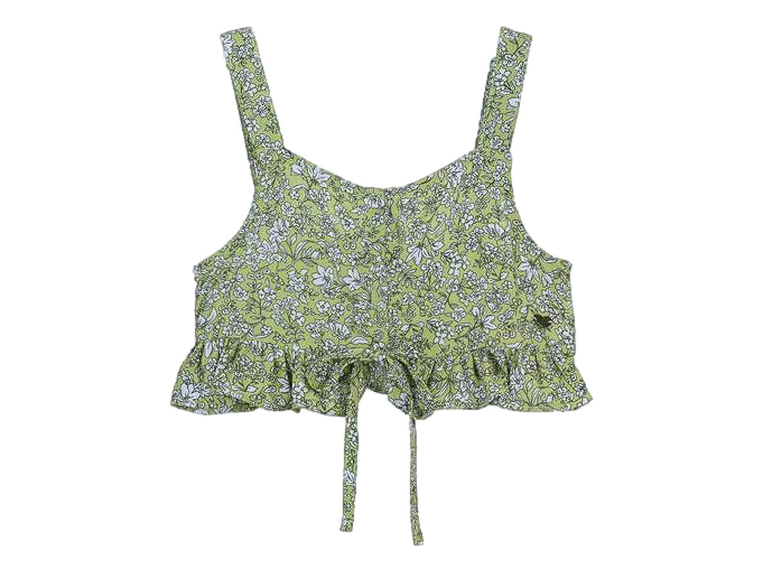Blusa verde con estampado floral blanco, tirantes y volante en el borde inferior para niña.
