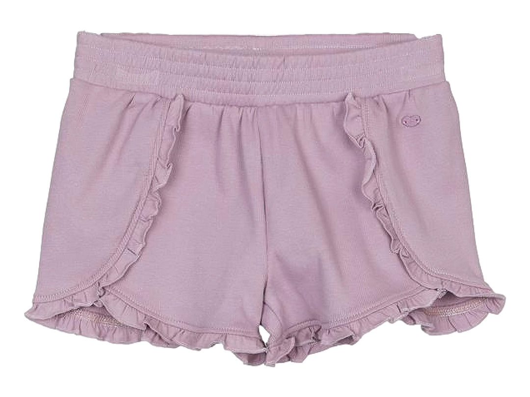 Shorts infantiles color malva con volantes laterales y cintura elástica.