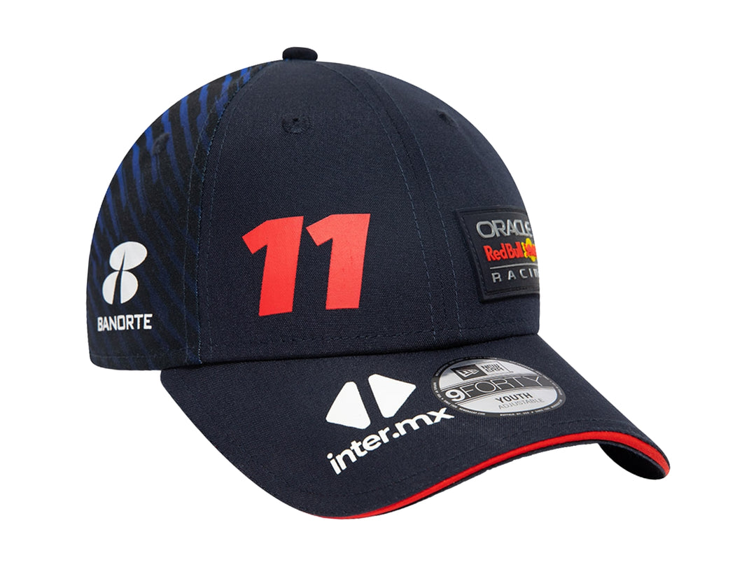 Gorra New Era azul marino de Oracle Red Bull Racing con visera roja y logotipos bordados.