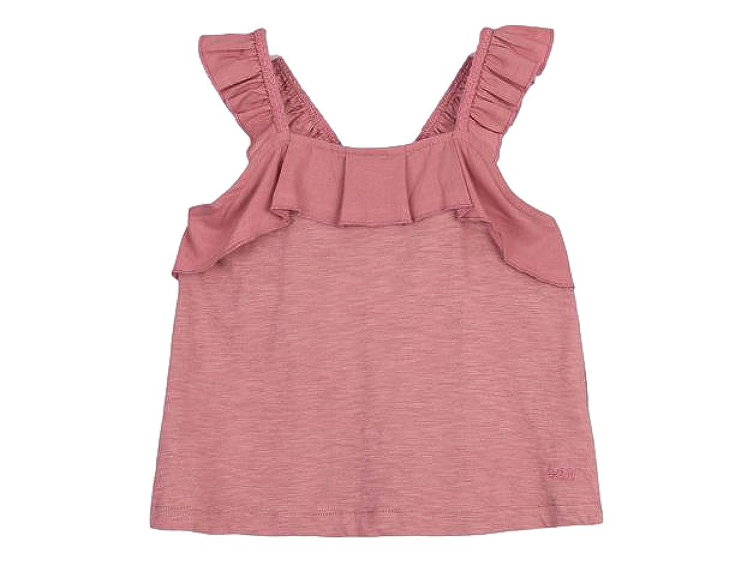 Playera rosa sin mangas con detalles de olanes en los tirantes y el cuello para niña.