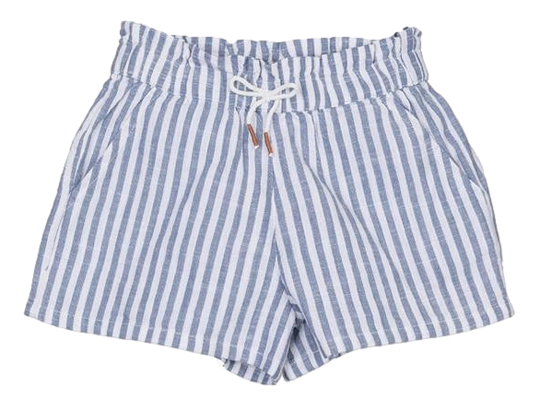 Shorts infantiles de rayas azules y blancas con cintura elástica y cordón ajustable.