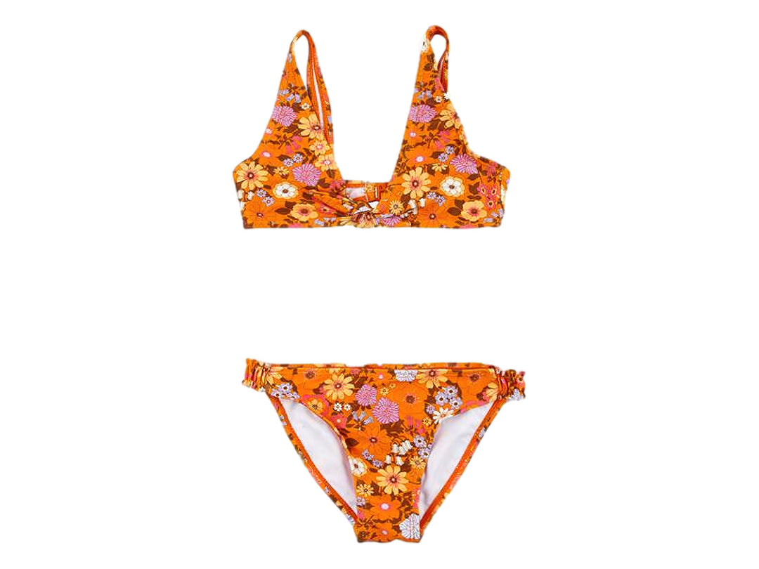 Bikini de dos piezas para niña en color naranja con estampado floral.
