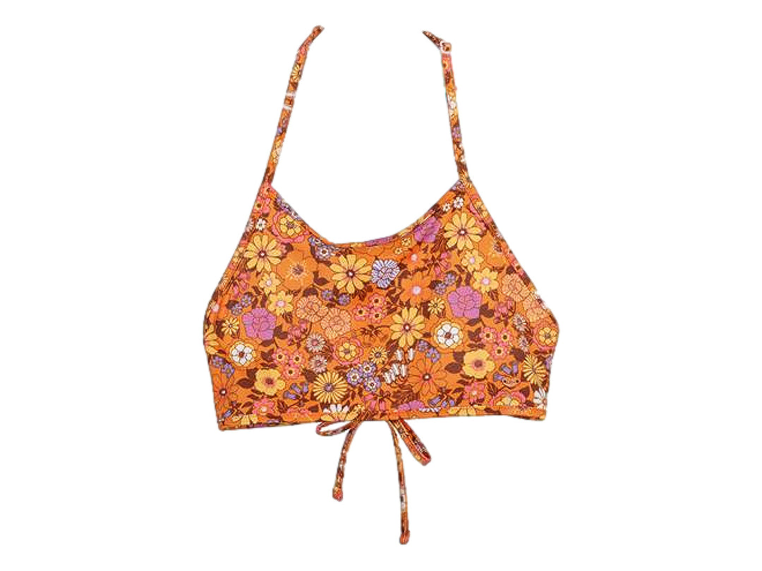 Top de natación infantil color naranja con estampado floral y tirantes delgados.