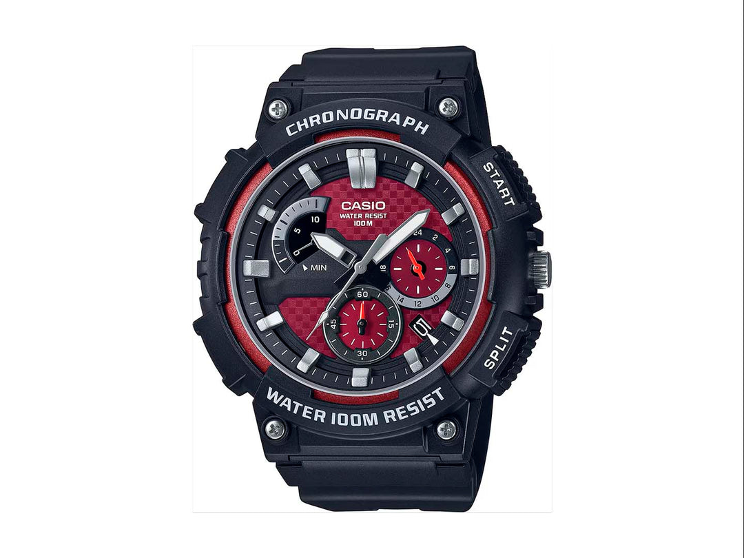 Reloj analógico Casio negro con esfera roja y correa de resina negra.
