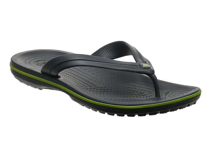 Sandalias negras de dedo marca Crocs con una línea decorativa verde lima en la suela.