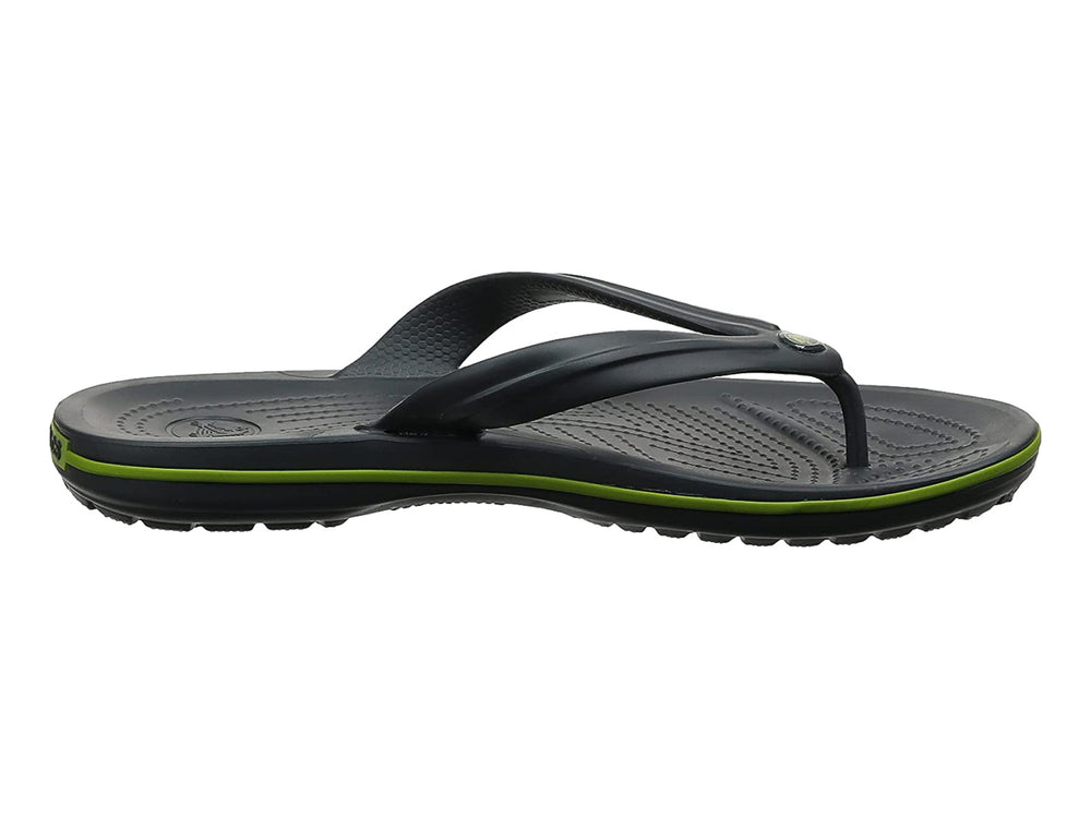 Sandalias negras de dedo marca Crocs con una línea decorativa verde lima en la suela.