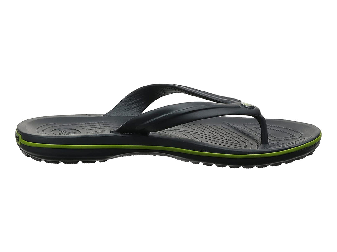 Sandalias negras de dedo marca Crocs con una línea decorativa verde lima en la suela.