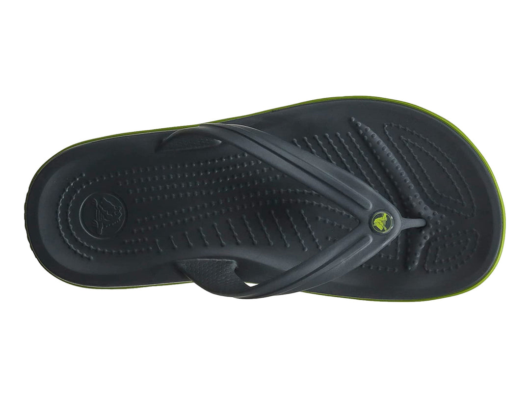 Sandalias negras de dedo marca Crocs con una línea decorativa verde lima en la suela.
