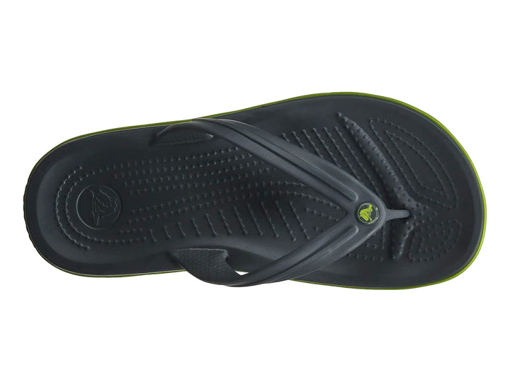 Sandalias negras de dedo marca Crocs con una línea decorativa verde lima en la suela.