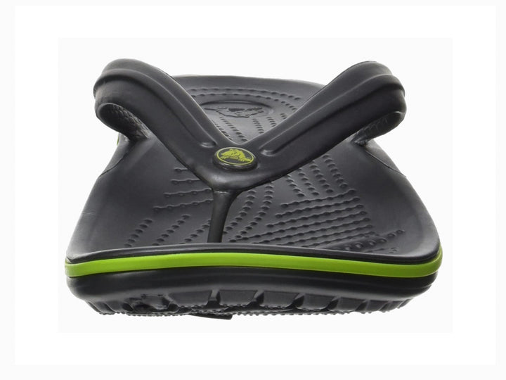 Sandalias negras de dedo marca Crocs con una línea decorativa verde lima en la suela.