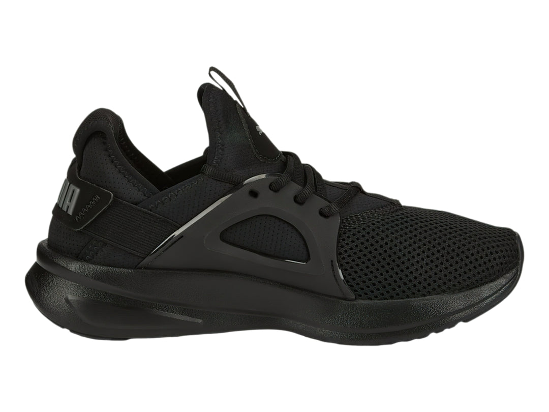 Tenis PUMA Softride Enzo Evo en color negro total con malla transpirable y suela deportiva.