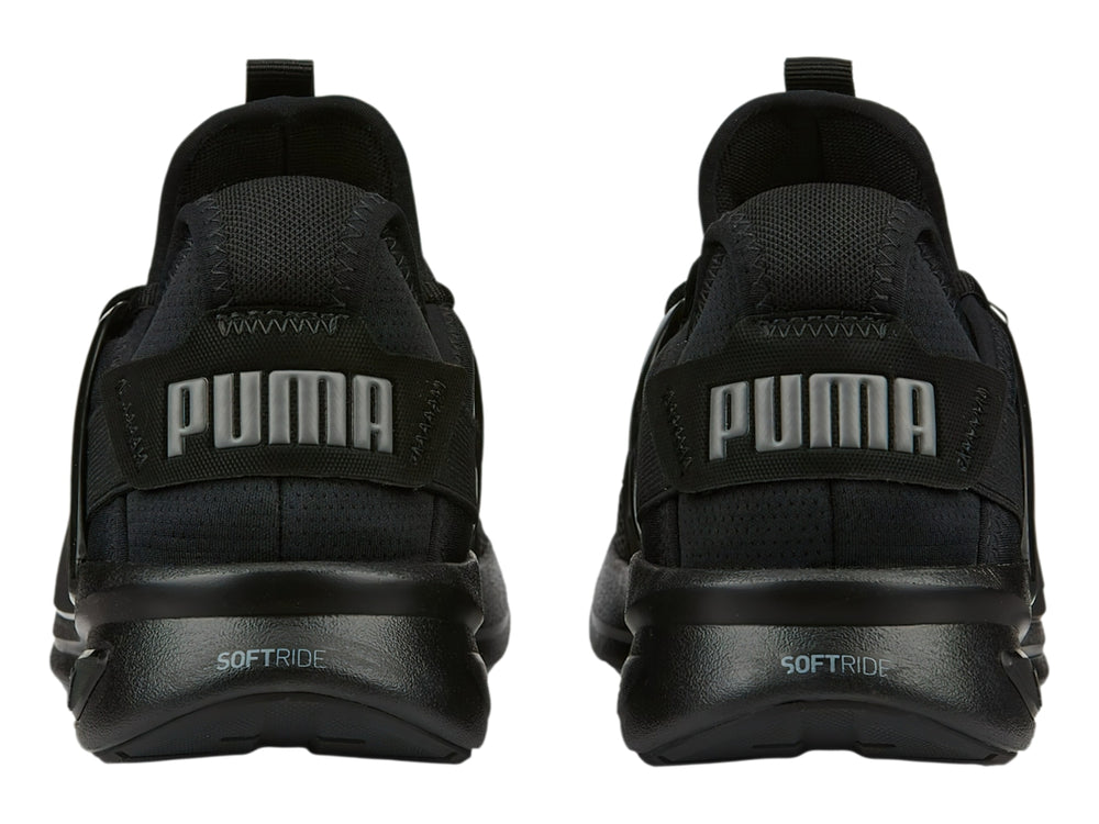 Tenis PUMA Softride Enzo Evo en color negro total con malla transpirable y suela deportiva.