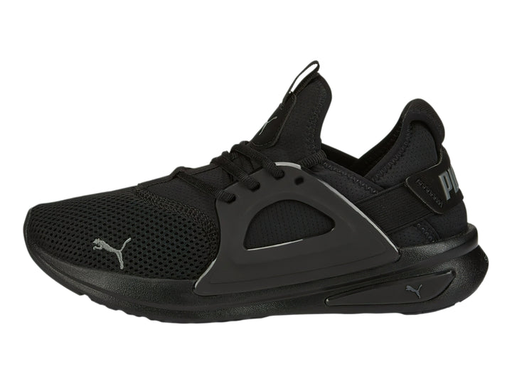 Tenis PUMA Softride Enzo Evo en color negro total con malla transpirable y suela deportiva.