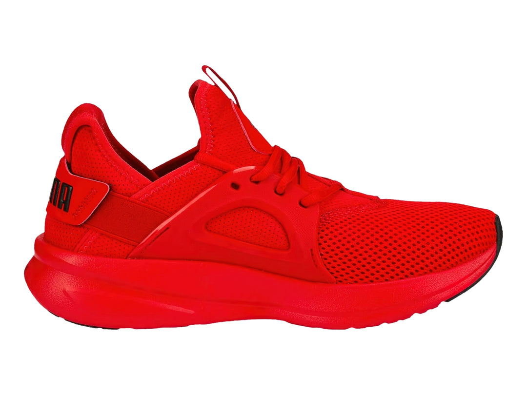 Tenis PUMA Softride Enzo Evo en color rojo intenso con detalles en negro y suela deportiva.