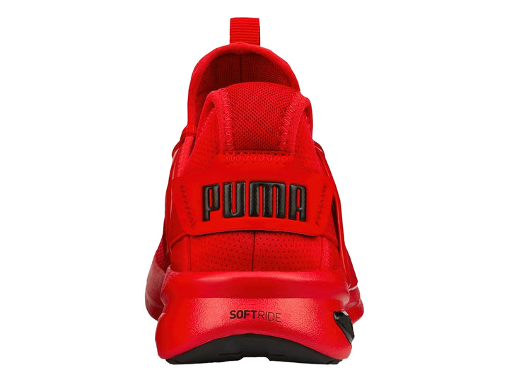Tenis PUMA Softride Enzo Evo en color rojo intenso con detalles en negro y suela deportiva.