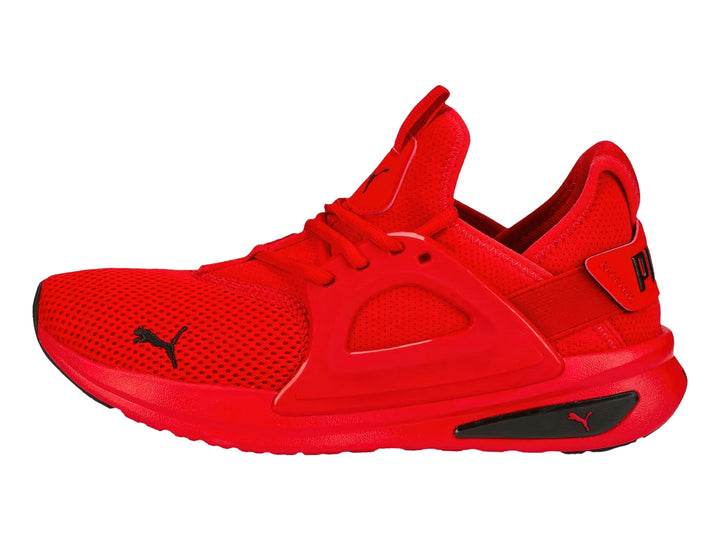 Tenis PUMA Softride Enzo Evo en color rojo intenso con detalles en negro y suela deportiva.