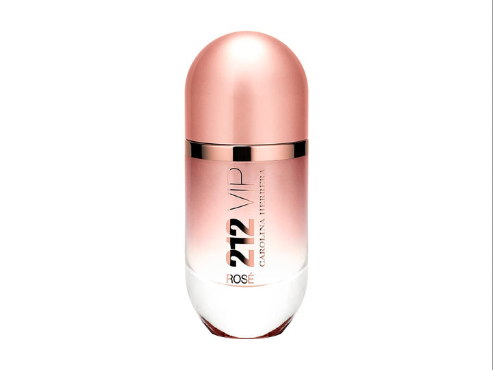 Perfume Carolina Herrera 212 VIP Rosé con su caja en color rosa metálico y botella cilíndrica.