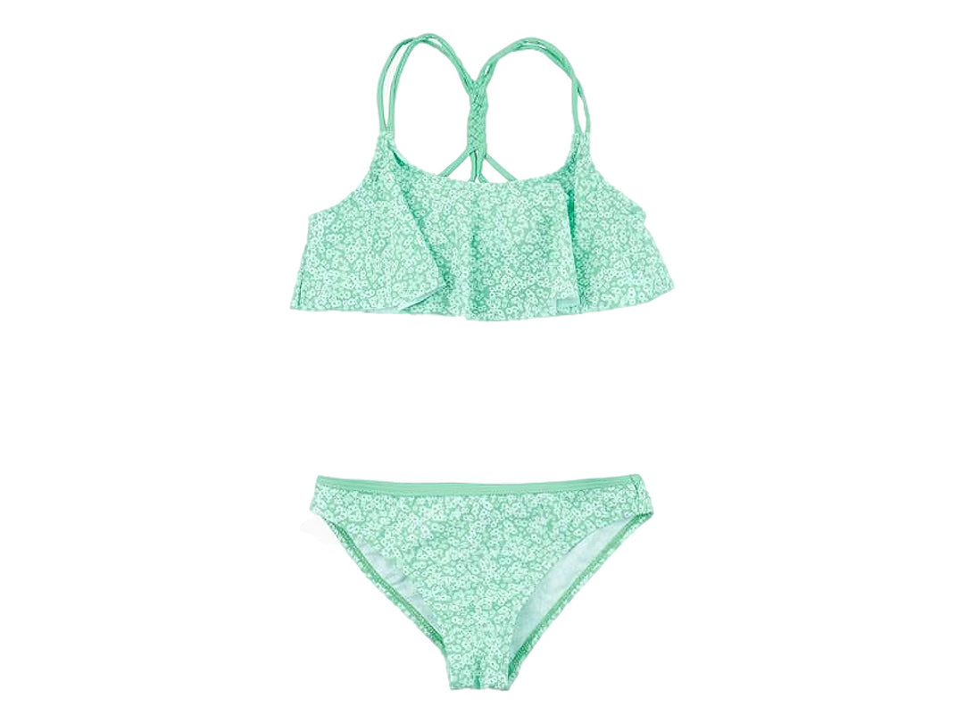Bikini de dos piezas para niña en color verde lima con estampado floral blanco.