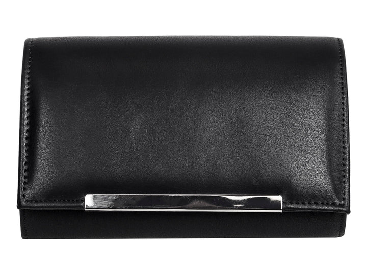 Bolso de fiesta tipo clutch color negro con un detalle metálico plateado en la solapa.