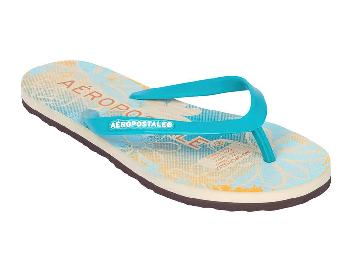 Sandalias de dedo Aeropostale con estampado floral en tonos azul y amarillo y suela color café.