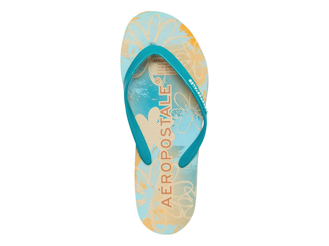 Sandalias de dedo Aeropostale con estampado floral en tonos azul y amarillo y suela color café.