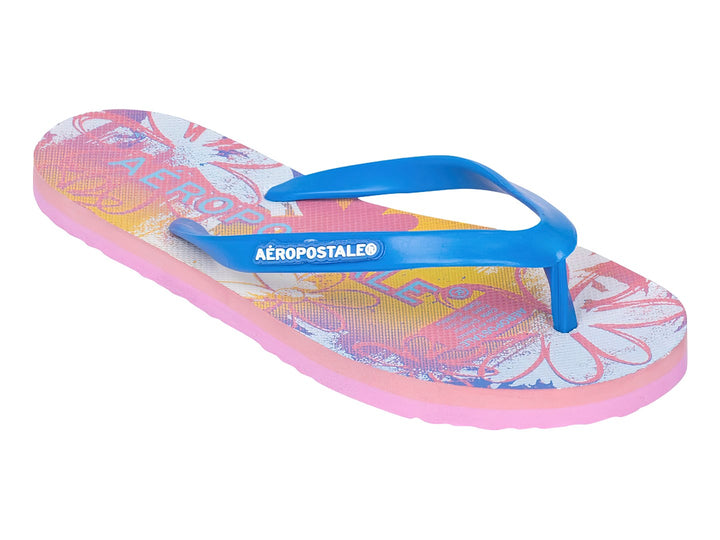 Sandalias Aeropostale rosa claro con tiras azules y diseño de margarita en la plantilla.