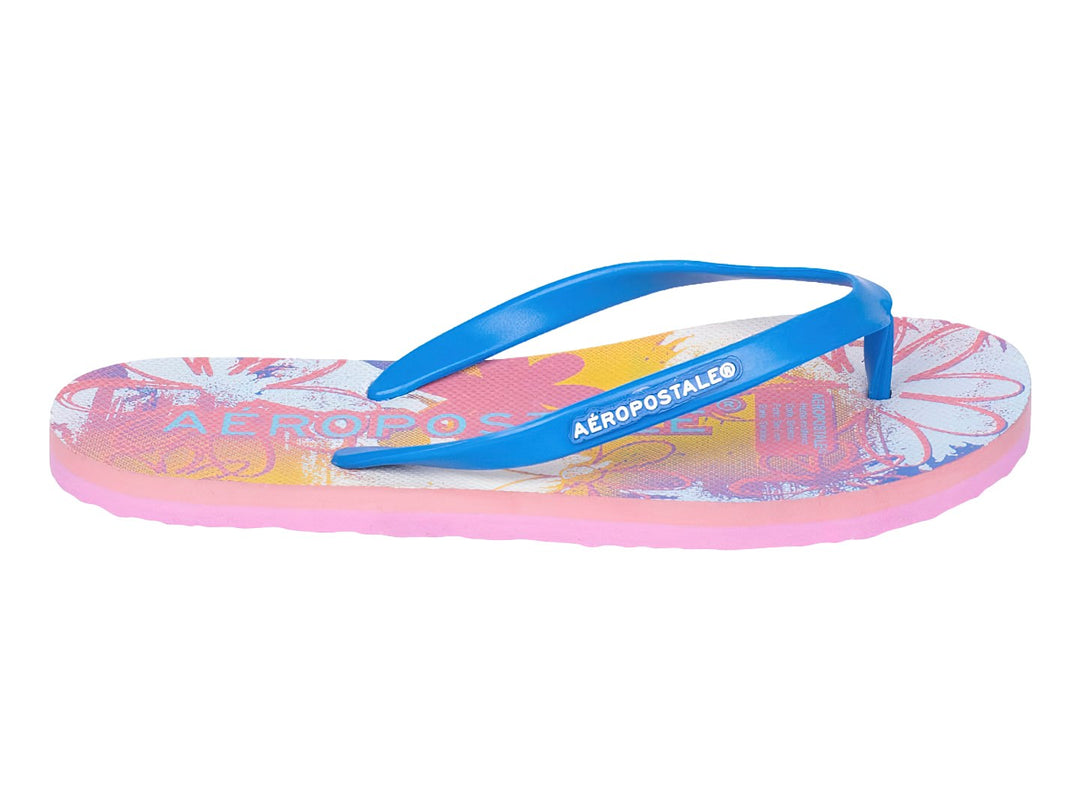 Sandalias Aeropostale rosa claro con tiras azules y diseño de margarita en la plantilla.