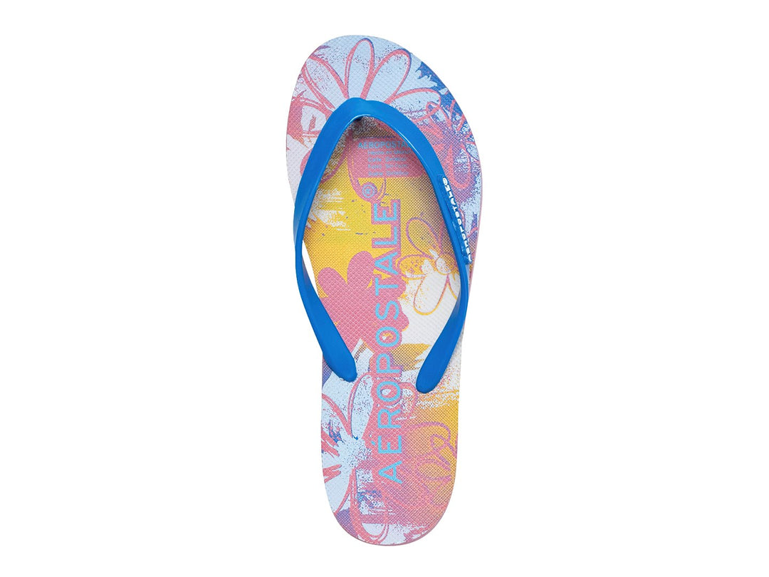 Sandalias Aeropostale rosa claro con tiras azules y diseño de margarita en la plantilla.