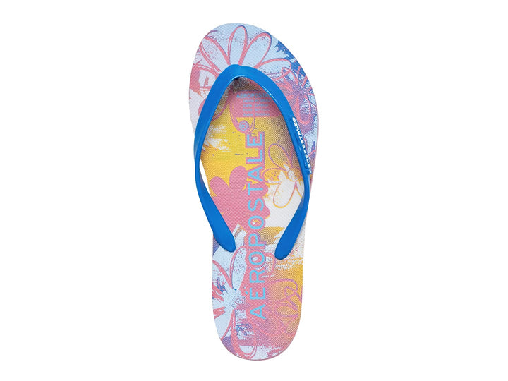 Sandalias Aeropostale rosa claro con tiras azules y diseño de margarita en la plantilla.