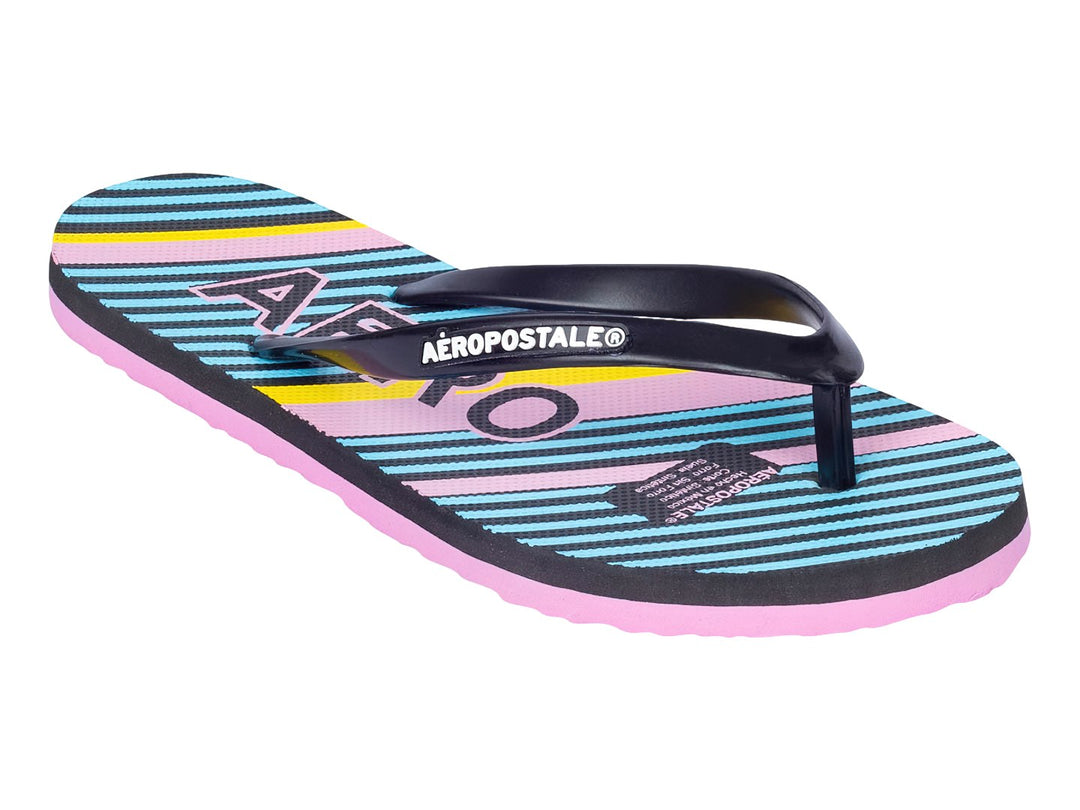 Sandalias Aéropostale con diseño de rayas multicolores en azul, amarillo y negro con suela rosa.